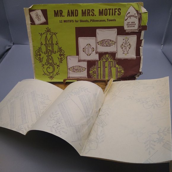 Vintage SUPERIOR Hot Iron Transfers, Mr and Mrs His and Hers Monogram Motifs 40s - Picture 2 of 3